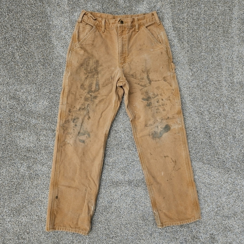 Carhartt Flannel Lined Tan Brown Canvas Carpenter Pants Utility Work  B111 32x32